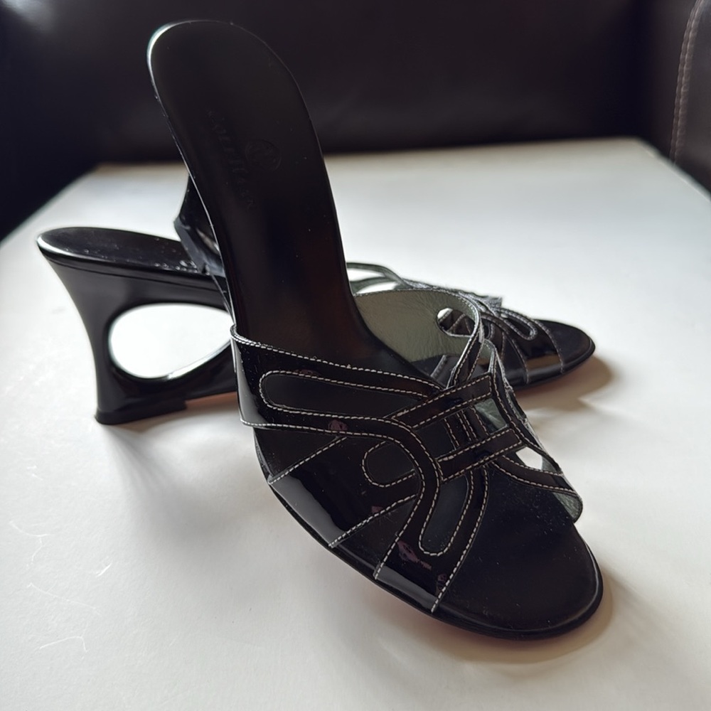 Cole Haan Black Patent Wedge Sandals 9 - Picture 3 of 8